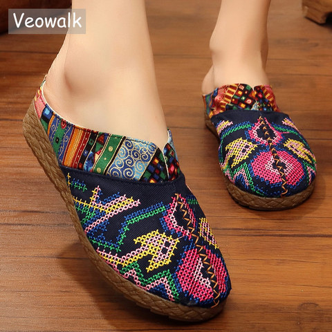 Veowalk-Mules en toile brodée, motif Harajuku, pantoufles à la mode hawaïenne, chaussures d'été, plateforme, plates, décontracté ► Photo 1/6