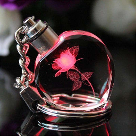 Rose Fleur Cristal Porte-clés Avec Lumière Led Porte-clés Lumineux Rougeoyant Cristal Rose Coeur Bibelot Porte-clés Coloré Porte-clés ► Photo 1/6