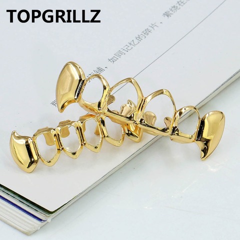 TOPGRILLZ or couleur plaqué Hip hop dents gril haut et bas gril Hip Hop Bling creux Vampire dents pour Halloween ► Photo 1/6