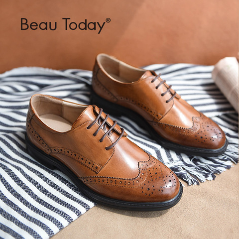 BeauToday-chaussures brangue en cuir de vache véritable, faites à la main, à lacets, bout arrondi, souliers de marque en cuir de veau, bonne qualité, 21086 ► Photo 1/6