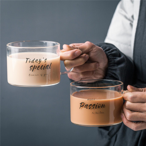 Tasse en verre créative Chic lettre lait jus eau tasse | Tasse de café cristal Transparent tasse poignée de verres à encre, amoureux Couple cadeaux 500ML ► Photo 1/6