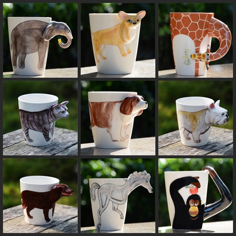 Mug à café en céramique, tasse à café en céramique 3D en forme d'animal, peinte à la main, cerf, girafe, vache, singe, chien, chat, chameau, éléphant, cheval ► Photo 1/6