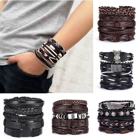 Hommes feuille cuir multicouche Bracelet mode tressé à la main étoile noeud feuille corde bois perles Bracelets d'enveloppement & Bracelets cadeau masculin ► Photo 1/6