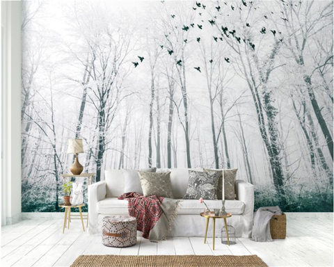 Beibehang-papier peint noir et blanc avec grand arbre, scène de neige, forêt, oiseau ► Photo 1/1