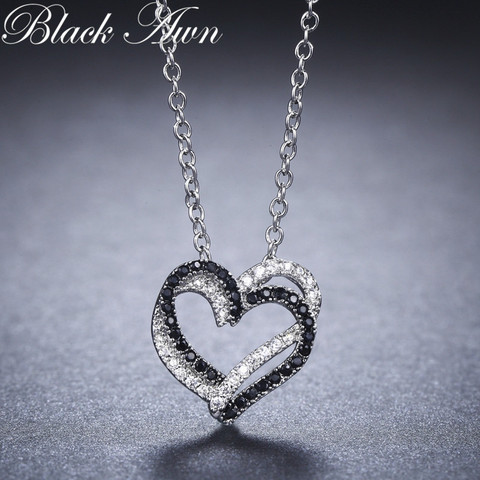 2022 nouveau noir Awn argent collier véritable 100% 925 en argent Sterling collier femmes bijoux coeur noir et blanc pierre pendentifs P107 ► Photo 1/6