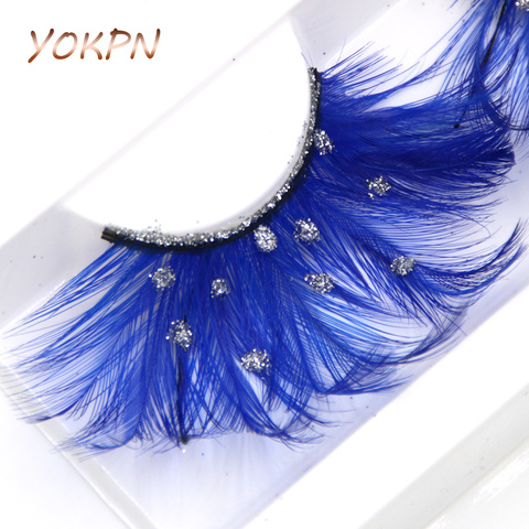 YOKPN-faux-cils plumes bleues, paillettes argentées, Art, exagéré, maquillage pour PHOTO, scène ► Photo 1/3
