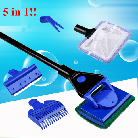 5 en 1 Aquarium outils de nettoyage Aquarium réservoir propre ensemble poisson Net gravier râteau algues grattoir fourchette éponge brosse verre nettoyant ► Photo 1/3