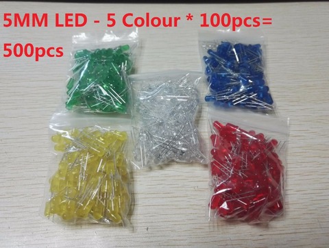 Kit de diodes LED 3MM 5MM, 500 pièces/lot, couleurs mixtes rouge vert jaune bleu blanc f3 F5 5 valeurs assorties, kits de bricolage ► Photo 1/2