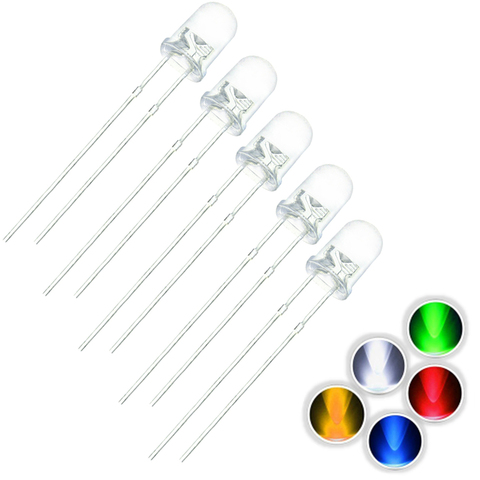 100 Pcs/Lot 5 couleurs 3MM Diode électroluminescente Ultra lumineuse Dides lampe ronde à eau claire vert/jaune/bleu/blanc/lumière LED rouge ► Photo 1/1