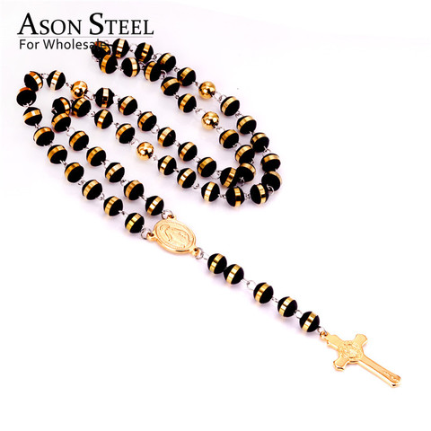 ASONSTEEL – collier chapelet chaîne perlée en acier inoxydable, pendentif croix, accessoires religieux pour femmes/hommes, ami ► Photo 1/6