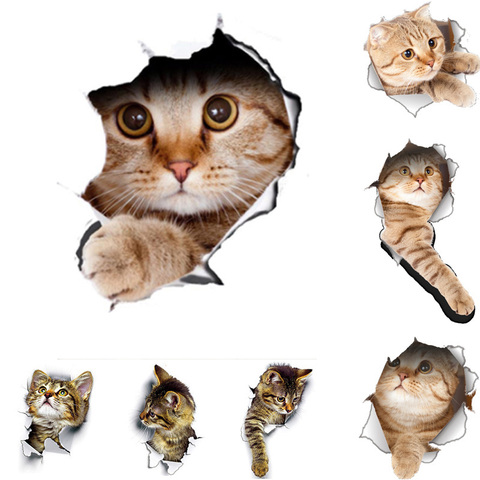 Autocollant mural 3D chats, autocollant de toilette, vue de trou, chiens vifs salle de bains pour la décoration de la maison, décalcomanies en vinyle, affiche d'art ► Photo 1/6