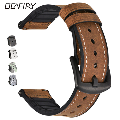 BEAFIRY-cuir véritable et Silicone, bracelet de montre sangles, bracelets de 20mm, 22mm, pour hommes et femmes, à libération rapide, bracelets de montre à ressort, étanches ► Photo 1/6