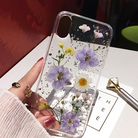 Qianliyao fleur séchée feuille d'argent étuis de téléphone transparent pour iPhone 12 11 Pro Max XS Max XR X 6 6S 7 8 Plus SE couverture en Silicone souple ► Photo 1/6