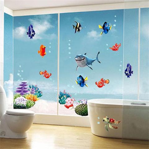 Magnifique Sur La Mer monde coloré poissons animaux vinyle mur art fenêtre salle de bains décor décoration stickers muraux pour enfants nursery chambres ► Photo 1/6