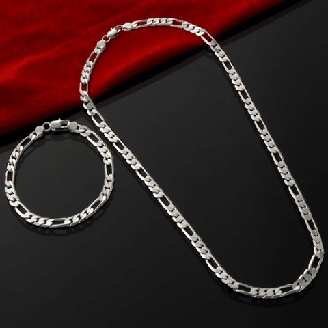 Ensemble de bijoux en chaîne pour hommes, collier + bracelet plaqué argent, à la mode, vente en gros, 4MM ► Photo 1/1