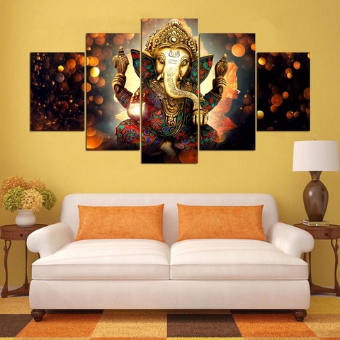 Mur Art toile peinture éléphant dieu Style photos pour salon 5 panneau seigneur Ganesha Cuadros moderne décoration peintures ► Photo 1/6
