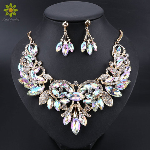 Nouveau Luxe Indien De Mariée Ensembles De Bijoux De Fête De Mariage Bijoux Femmes Mode Cadeaux Feuilles Cristal Collier Boucles D'oreilles Ensembles ► Photo 1/6