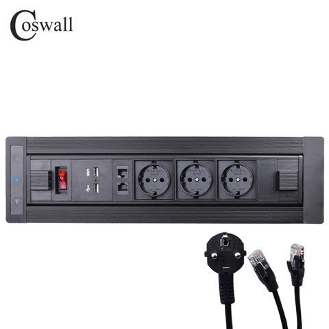 COSWALL-prise électrique intelligente et noire, pivotante à 180 degrés, avec 3 prises ue, double chargeur USB, prise cachée et intelligente RJ45 ► Photo 1/4