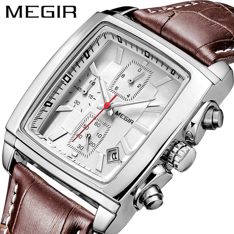 MEGIR Original montre hommes haut de gamme de luxe Rectangle Quartz montres militaires étanche en cuir lumineux montre-bracelet hommes horloge ► Photo 1/6