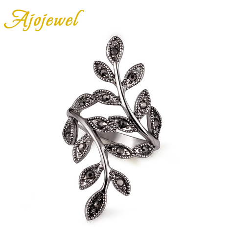 Ajogem taille 6-9 noir strass Antique feuille anneau femmes vente chaude Vintage femme bijoux en gros ► Photo 1/6