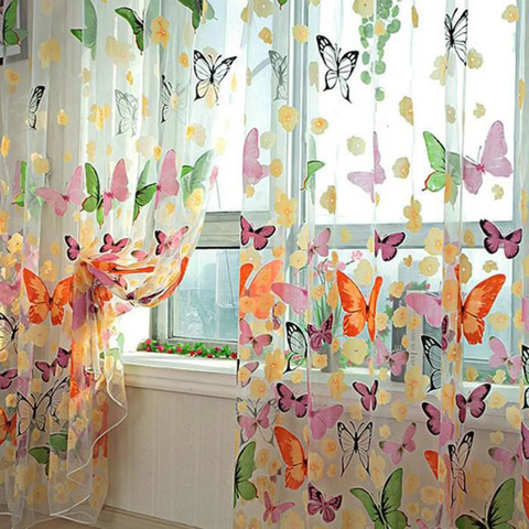 Rideau en Tulle papillon coloré | Rideau moderne Transparent et Transparent, rideau de fenêtre, pour chambre à coucher, tissu en fils de verre, décor romantique ► Photo 1/6