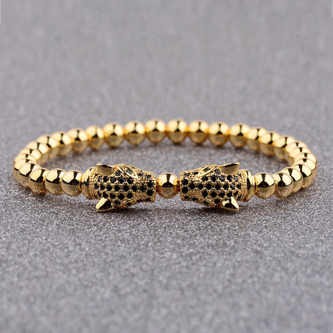 Bracelet à Double têtes léopard pour hommes, Micro pavé noir CZ, Bracelet en perles de cuivre, 2017, à breloques pour hommes, Bracelet à breloques ► Photo 1/6