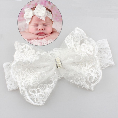 Withhe – bandeau élastique en dentelle pour bébé, avec nœud en cristal, accessoires de photographie pour fille, couvre-chef pour nouveau-né ► Photo 1/6