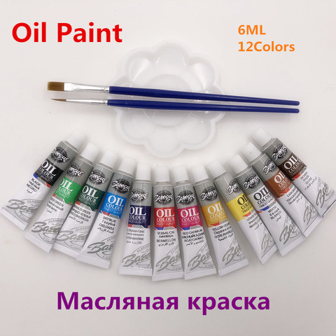 Peintures à l'huile professionnelles, peintures fines, 12 couleurs, Tube de 6 ML, 2 pinceaux et 1 Palette offerts ► Photo 1/6