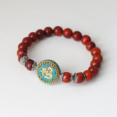 Bracelet Chakra Mala avec perles en bois rouge, pour femmes et hommes, porte-bonheur, prière, écriture bouddhiste tibétaine OM Mala ► Photo 1/1