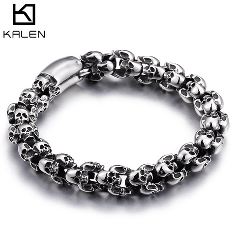 Kalen Punk 22.5 cm Long Crâne Bracelets Pour Hommes En Acier Inoxydable Brillant Crâne Charme Lien Chaîne Brecelets Mâle Gothique Bijoux 2022 ► Photo 1/6