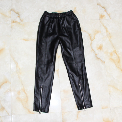 Pantalon en cuir véritable pour femme, longueur cheville, en peau de mouton, couture zippée, taille crayon élastique, wq1373 ► Photo 1/1