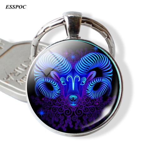 12 Constellation Lion Vierge porte-clés En Verre Cabochon Pendentif Zodiaque Signe trousseaux de clés Argent Sac Pendentif Porte-clés cadeau d'anniversaire ► Photo 1/6