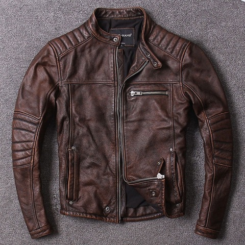 Livraison gratuite. Vêtements de vachette pour hommes de style Vintage, veste en cuir de motard de qualité, manteau en cuir véritable noir de mode. homme mince, ► Photo 1/6