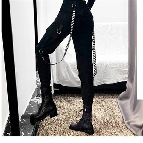 Pantalon Cargo noir pour femmes, Streetwear taille haute ample, style Punk coréen, style amusant, Hip Hop, Capri, collection décontracté ► Photo 1/6