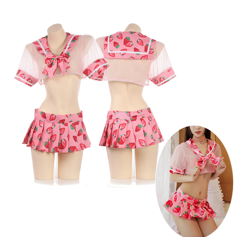 Kaii-soutien-gorge transparent fraise, sous-vêtements de nuit japonais, Lingerie Lolita Sexy pour filles, uniforme de marin intime, 4 pièces ► Photo 1/6