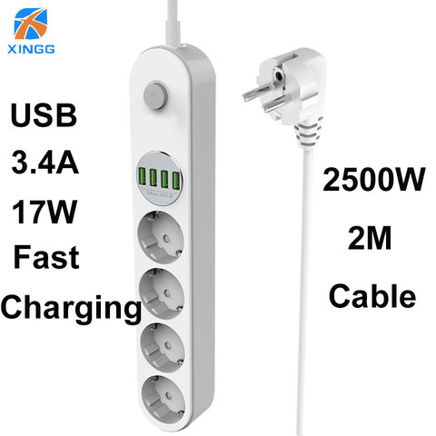 Prise ue multiprise interrupteur 4 prises 4 USB charge rapide prise d'extension électrique 2M cordon câble parafoudre filtre réseau ► Photo 1/6