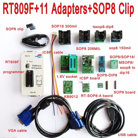 Programmeur d'origine RT809F + 11 adaptateurs + pince à clip SOP8 + prise 1.8 V/TSSOP8 programmeur VGA LCD carte ICSP 24 25 93 circuit IC ► Photo 1/1