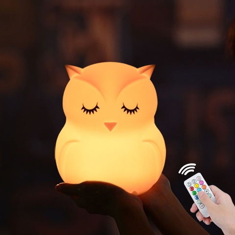 Hibou LED veilleuse tactile capteur télécommande 9 couleurs minuterie réglable USB Rechargeable Silicone lampe de chevet pour enfants bébé ► Photo 1/6