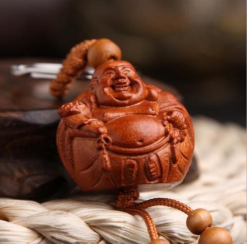 Porte-clé en bois naturel nouveauté, breloques bouddha en forme de sourire, pour femmes et hommes, à la mode, décoration de voiture, bijoux ► Photo 1/3