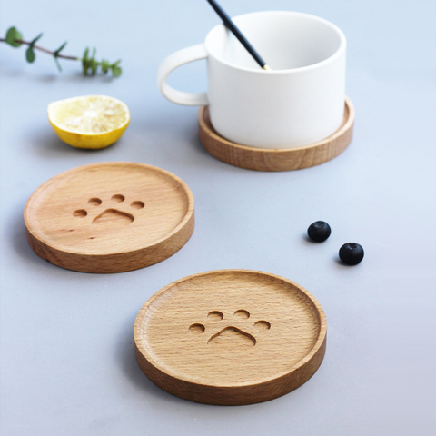 Gobelet rond en bois isolé à la chaleur | Motif patte de chat de dessin animé mignon, tapis de lait, tasse à café, set de table, décoration de la maison 1 pièces ► Photo 1/6