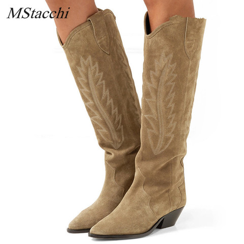 MStacchi – bottes hautes brodées en daim noir pour femme, chaussures d'hiver à bout pointu et à talons chaton ► Photo 1/6