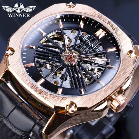 Gagnant Top marque hommes montre automatique Rose doré creux squelette en cuir montres hommes d'affaires horloge mécanique livraison directe ► Photo 1/6