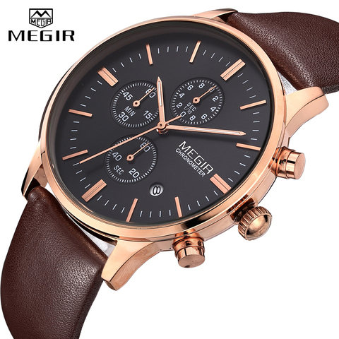 MEGIR-montre de luxe pour hommes, bracelet en cuir, chronographe à Quartz, marque supérieure, Sport militaire, étanche, décontracté ► Photo 1/6