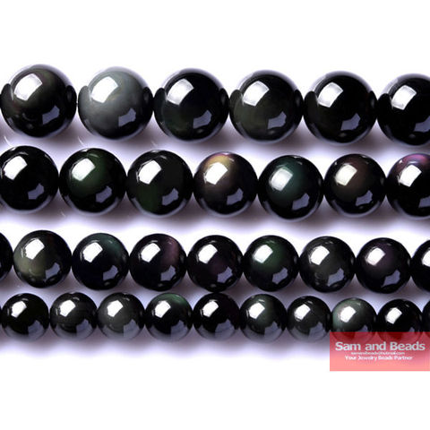 Pierre naturelle en obsidienne noire, grosses perles rondes 16 