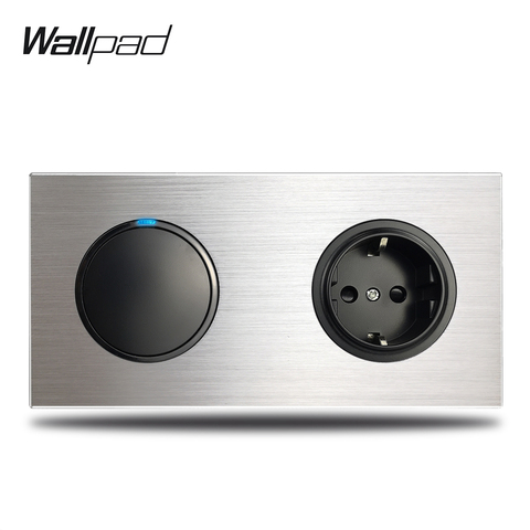 Wallpad – interrupteur mural gris L6, 1 bouton, avec prise électrique ue, Double cadre en aluminium brossé argenté ► Photo 1/4