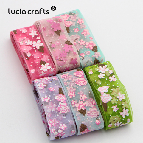 Ruban imprimé en Organza fleurs P0103 | Artisanat Lucia, 5/6/8 yards 25mm, accessoires bricolage de couture et de nœuds de cheveux ► Photo 1/5