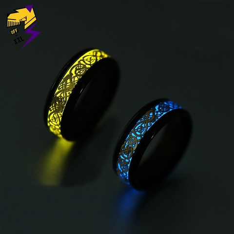 Bague en acier inoxydable pour homme et femme, anneau Fluorescent, Dragon lumineux, jaune, brille dans la nuit, bijoux de mariage à la mode ► Photo 1/6