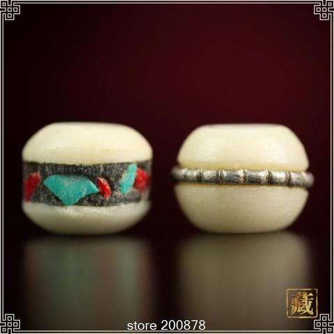 TSB0331 perles tibétaines Tibet Yak os incrusté cuivre métal ceinture de soie Mala perles 10 perles lot perles colorées à la main 10mm ► Photo 1/3