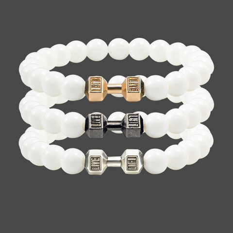 Bracelets en pierre naturelle en porcelaine blanche Pure, 3 styles, breloques perlées pour hommes et femmes, Bracelets en corde élastique fait à la main, haltère ► Photo 1/6