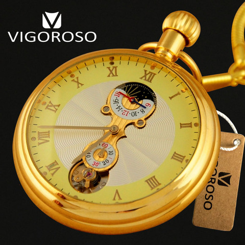 VIGOROSO – montre de poche de luxe en or Antique, entièrement en acier, Phase de lune, 12/24 heures, mécanique, vent, chaîne pendentif ► Photo 1/6
